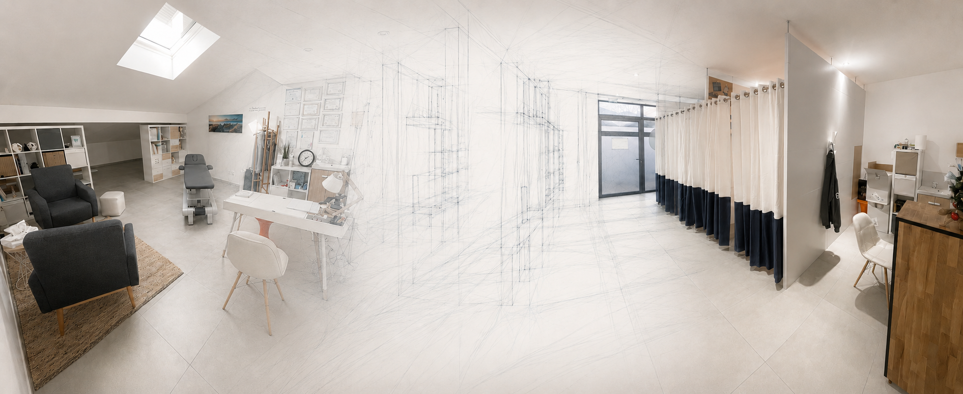 Le cabinet d’ostéopathie et l’espace de kinésithérapie reliés par une esquisse architecturale
